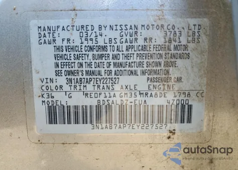 2014 Nissan Sentra S z USA, uszkodzony, nr VIN 3N1AB7AP7EY227527